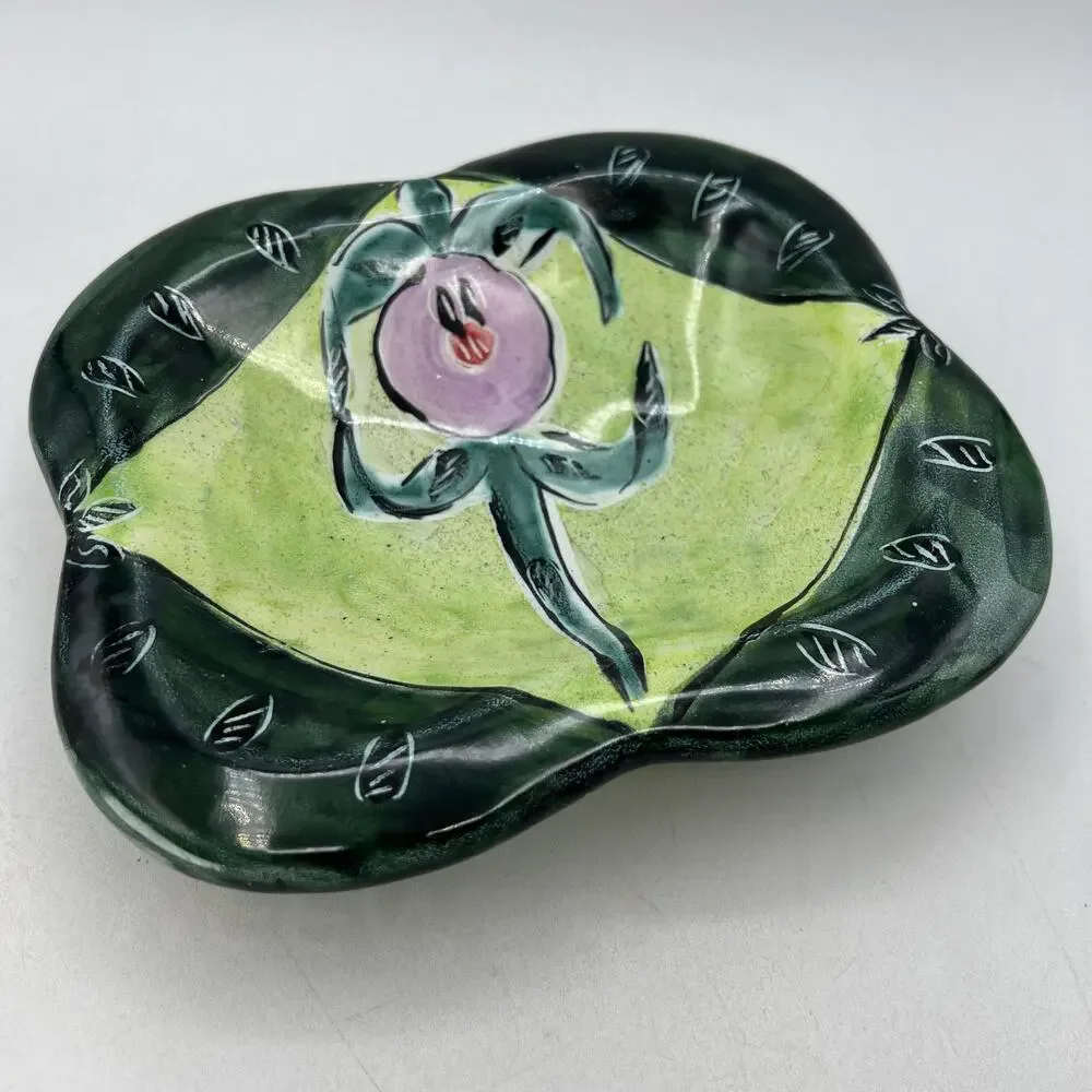 Posey Bacopoulos Pottery Majolica Square Bowl Candy Console Dish Green Pink 7